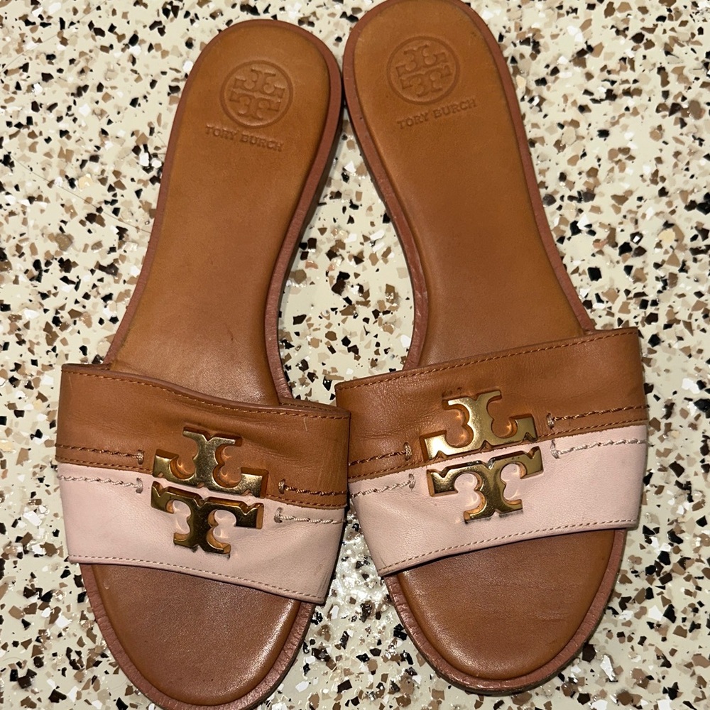 Tory Burch Tan and Cream Slide Sandals